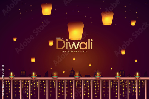Happy Diwali greeting design with oil lamps lit on a balcony railing with floating lantern in the night sky background. Indian hindu festival concept for poster, banner.