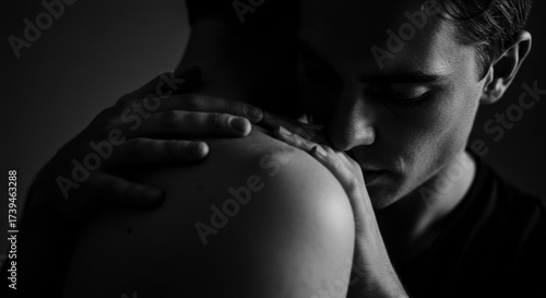 Wallpaper Mural Two men embracing in a close-up black and white photograph,  kiss on the shoulder   Torontodigital.ca