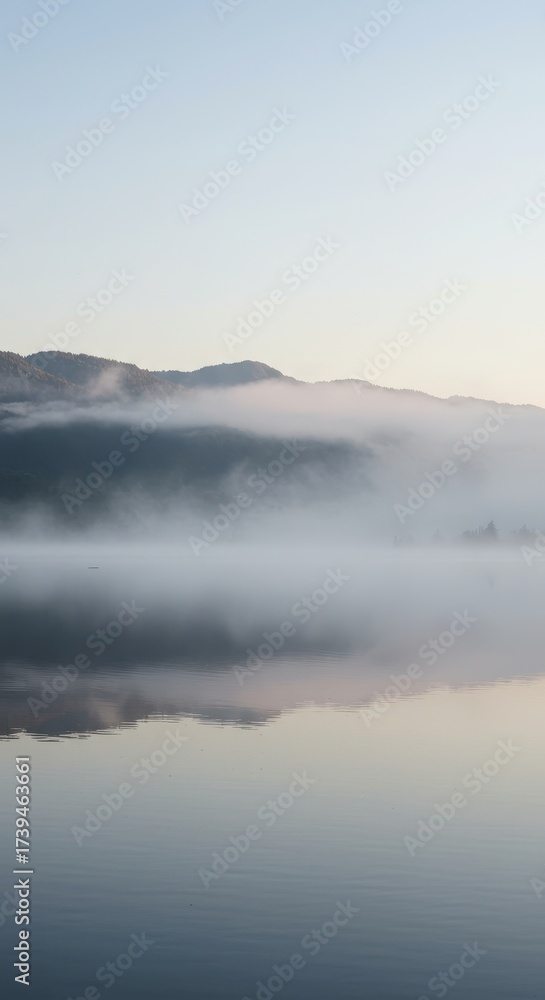 Fototapeta premium Misty mountain landscape reflecting in still water
