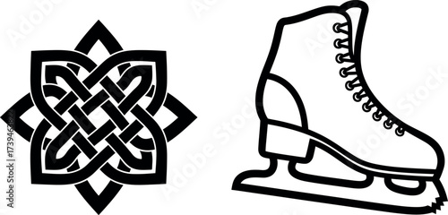 Black ice skate and celtic knot star vector for winter sports, ice skating, irish culture, tattoo design, frozen activity, and decorative graphic element.