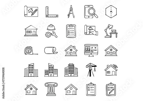 Architecture & Design Professional Icon Set, Modern Building & Blueprint Vector Icons, Construction Planning & Drafting Essentials