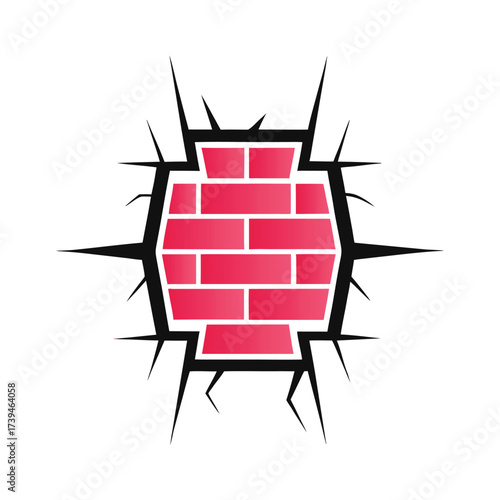 Red brick wall with jagged black cracks radiating outwards pink gradient