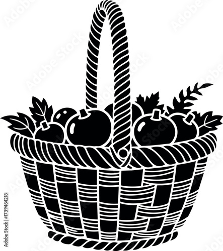 Black fruit basket vector illustration filled with apples and leaves for harvest festival, autumn season, fresh produce, healthy eating, and nature graphic design.