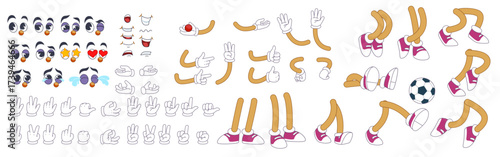 Retro cartoon hand and leg. 50s comic character construction kit. Vintage mascot creator. Funny face emotion expressions. Arm poses. Funky gloves and shoes. Groovy limb gesture. Vector animation set