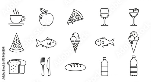 Illustration of various food and drink items, including pizza, ice cream, fish, bread, coffee, wine, and water