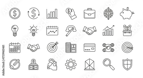 Collection of business and finance icons, includes money, investment, growth, and strategy symbols in a simple line art style