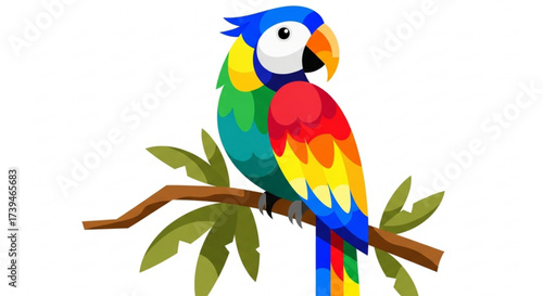 Colorful parrot perched on a branch, , showcasing vibrant plumage and a playful expression in a cartoon style