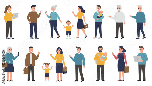 Diverse Group Of People With Technology And Family In Flat Design