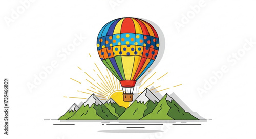 Colorful hot air balloon flying over mountain peaks with sun rays shining through, adventure and travel concept