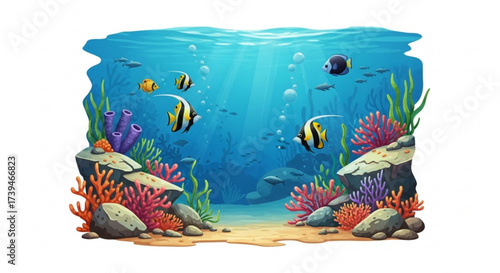 Underwater marine life scene with colorful coral reef, fish, and sunlight rays shining through the water