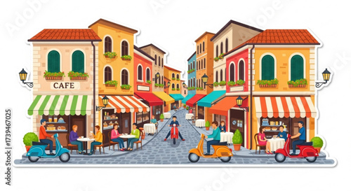 A vibrant italian street scene with colorful buildings, cafes, scooters, and people enjoying the atmosphere, capturing the essence of italy