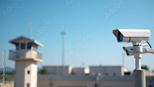 Surveillance Cameras At Prison Watchtower, Sunny Day