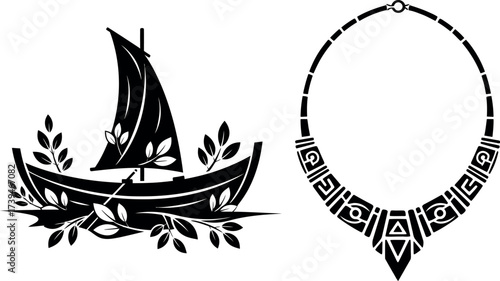 Sailboat with leaves and oars next to a tribal necklace vector for ocean travel, sailing, indigenous culture, jewelry design, and nature adventure illustration.