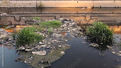 Polluted urban river filled with plastic waste, garbage, and stagnant water. A strong symbol of environmental pollution, water contamination, and ecological neglect.