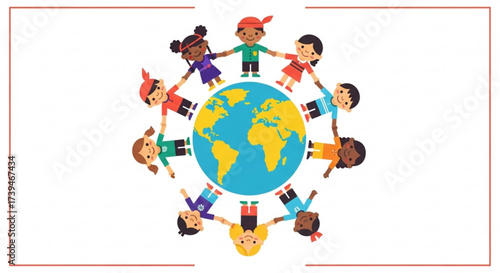 Diverse children holding hands around the world, symbolizing unity and global friendship, promoting cultural understanding and cooperation