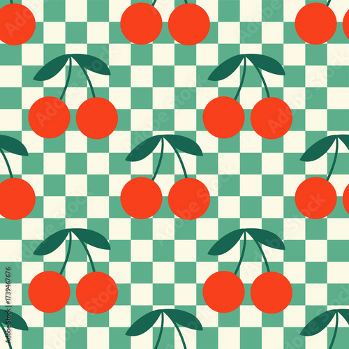 Retro Cherry Gingham Seamless Pattern