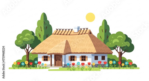 A charming ukrainian house with a thatched roof, surrounded by lush greenery and colorful flowers, , exudes rustic charm
