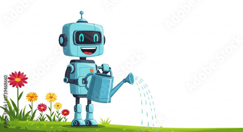 Cute robot watering flowers cartoon character of a friendly robot tending to a garden, bringing joy and growth to nature