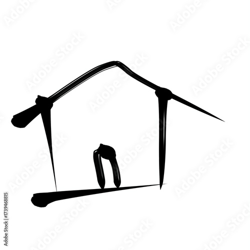 A minimalist black ink sketch of a simple house structure with a pointed roof and an open doorway. The brushstroke style gives it an abstract yet symbolic appearance, representing shelter, home, and s