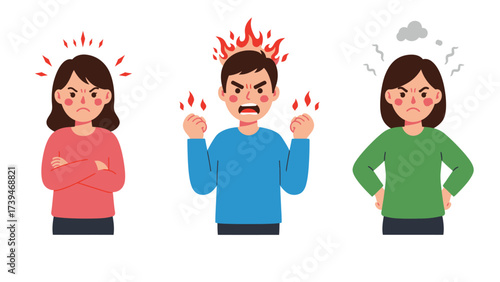 Three Angry People Expressing Frustration And Rage Vector Illustration