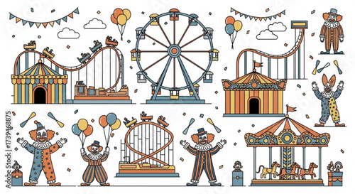 Amusement park set collection of carnival rides and attractions, including roller coasters, ferris wheel, clowns and carousels