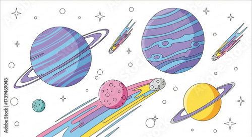 A colorful array of planets, comets, and stars scattered across a cosmic backdrop, creating a vibrant and imaginative space scene