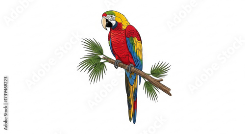 A vibrant parrot perched on a branch, showcasing its colorful plumage and detailed feather texture, , perfect for nature illustrations