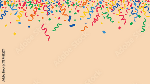 Vibrant Confetti And Streamers Falling On Pastel Beige Background With Copy Space