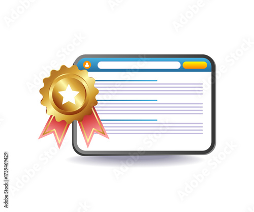 information technology screen with medal icon for success and achievement