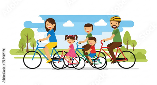 Happy family riding bicycles in the park on a sunny day, enjoying outdoor activity and healthy lifestyle