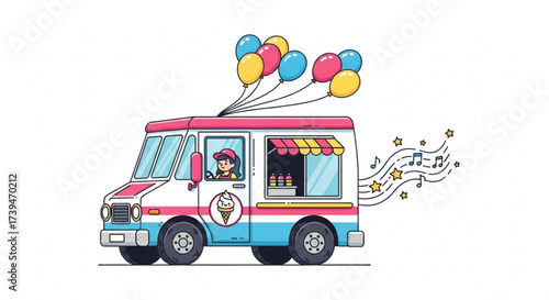 Cheerful ice cream truck, delivering sweet treats and joy with colorful balloons and musical tunes, a delightful summer scene