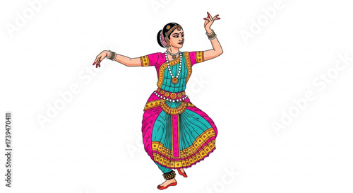 Indian classical dancer performing bharatanatyam, she is gracefully posing with her hands and feet in a dance mudra