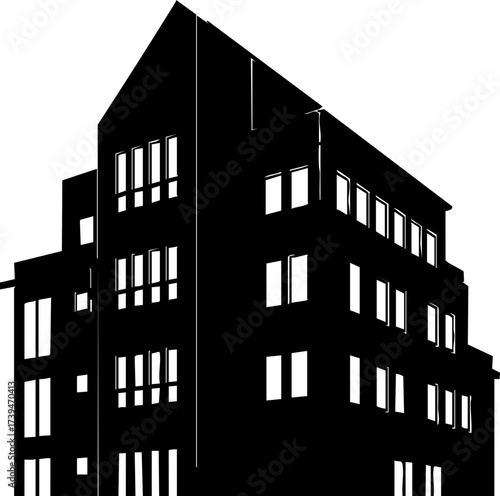 Sleek modern apartment building silhouette, clean architectural design for real estate marketing or urban development projects, minimalist style, vector