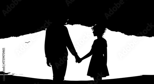 Touching silhouette of a father and daughter holding hands, sharing a tender moment, creating a lasting bond, perfect for family values & lifestyle themes