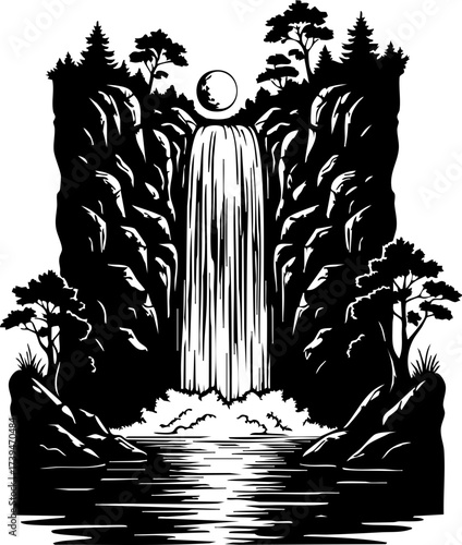 Enchanting waterfall cascade with moonlit glow, a serene nature escape, perfect for meditative art, tattoo design, and creating a peaceful aesthetic