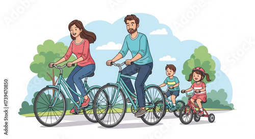 Happy family riding bicycles together in park, enjoying outdoor activity and quality time in nature