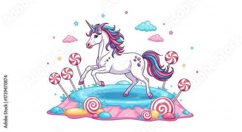 Enchanting unicorn in candy land, surrounded by lollipops, swirls, and pastel clouds for magical fantasy