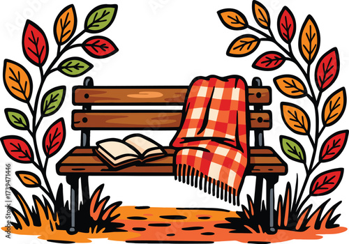 Cozy autumn park bench with blanket, open book, and falling leaves