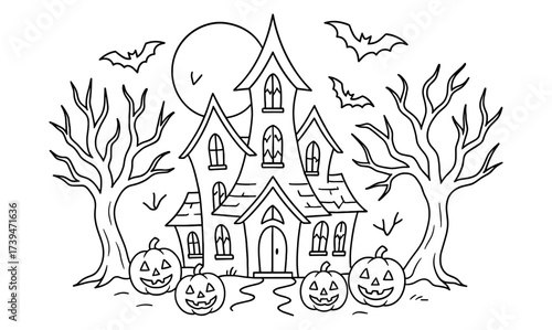 Spooky halloween haunted house with pumpkins and bats in black and white line art