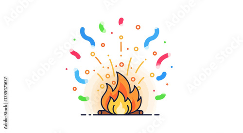 Illustrative celebration bonfire icon with streamers, sparks and colorful confetti elements