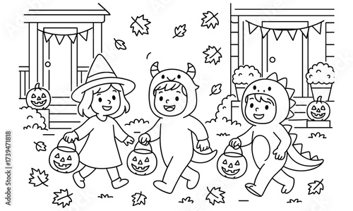 Kids in halloween costumes trick or treating in festive autumn setting