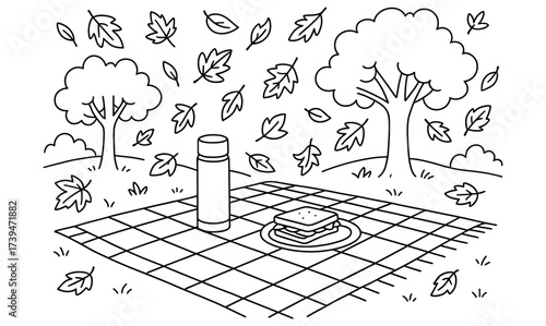 Autumn picnic scene with falling leaves in park
