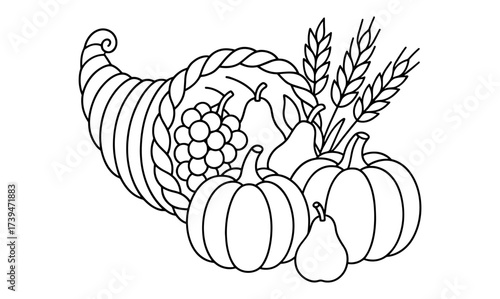 Cornucopia harvest abundance line art with pumpkins, grapes, pears, and wheat