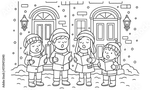 Children singing christmas carols in winter scene black and white outline