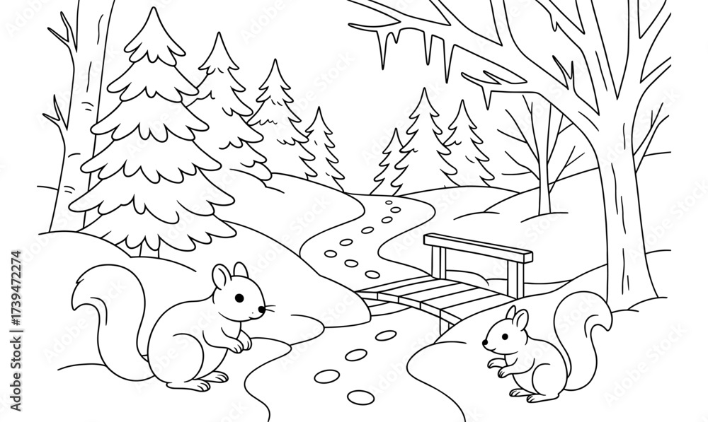 Fototapeta premium Whimsical winter forest scene with squirrels and icy creek path