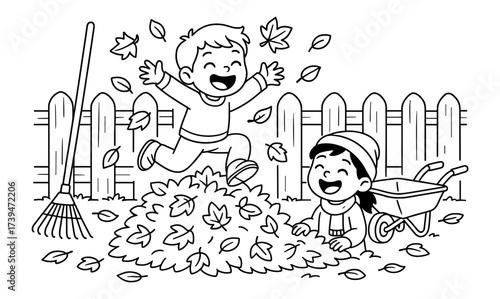 Kids enjoy autumn fun with leaves in yard