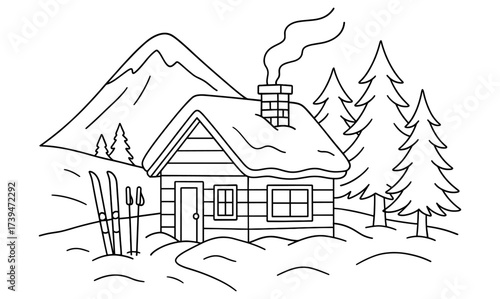 Cozy winter cabin in the mountains with snow and pine trees outline