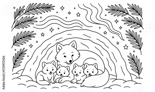 Cute fox family nestled under a starry sky with aurora and pine trees