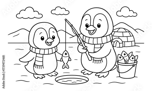 Cute penguins ice fishing with fish bucket in winter scene