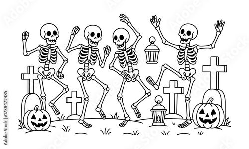 Dancing skeletons celebrate halloween in a spooky graveyard scene